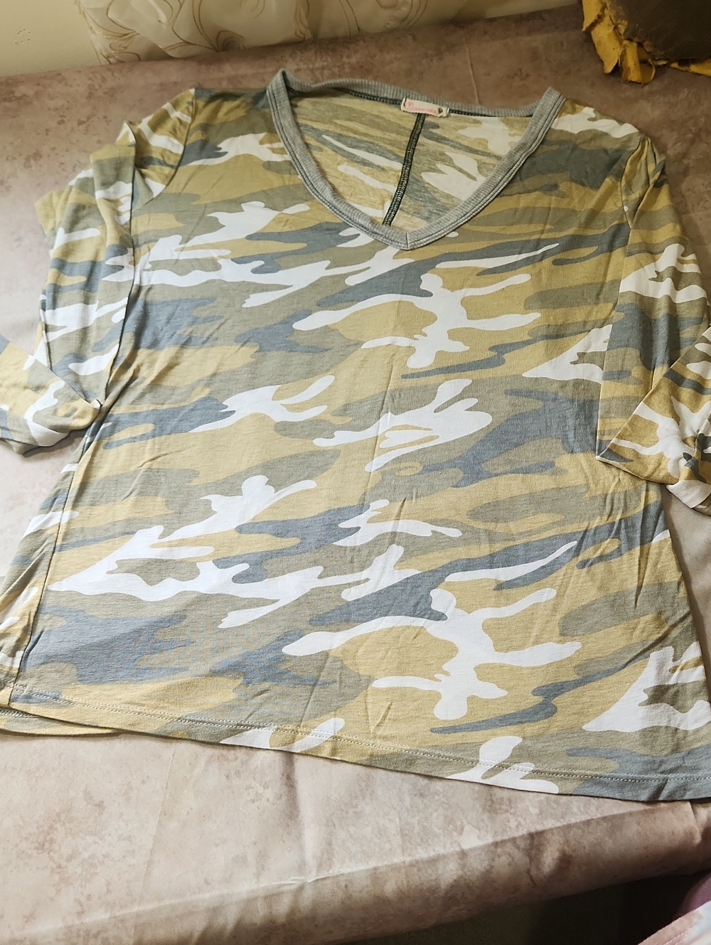 V-Neck Long Sleeve Camouflage Tee - Olive & Gray:  Maronie By Anthropology